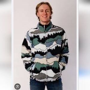 Free Nature Mountain Pattern Full Zip up Polar Fleece Hooded Jacket Size Large